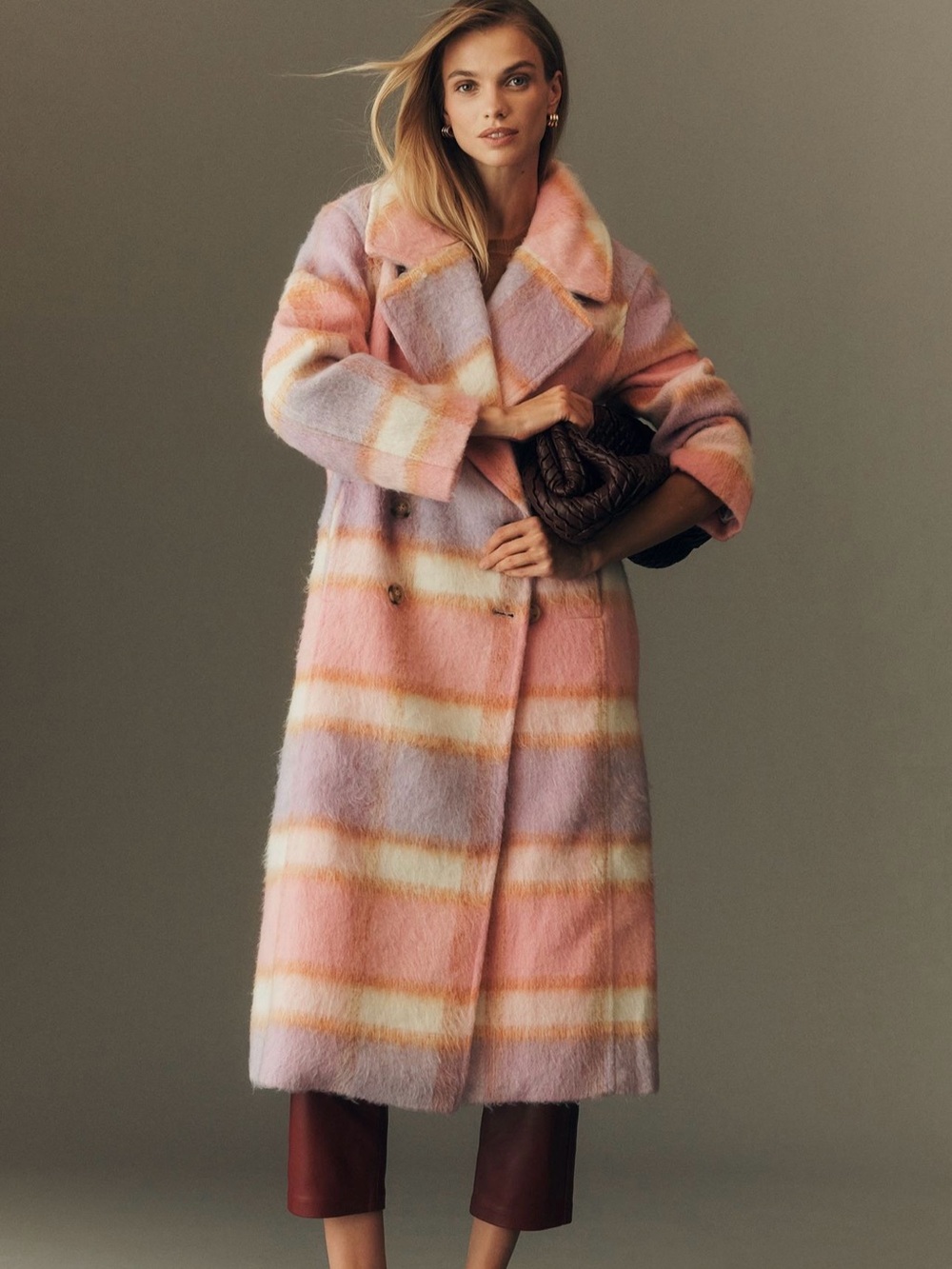 Anthropologie Maeve Pastel Plaid Long Faux Fur Peacoat Winter Coat - Large - Picture 2 of 9